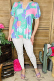 XCH15900 Turquoise&pink&purple multi color printed V-neckline w/colorful trim short sleeve w/tight cuff women tops