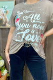 XCH14830 "ALL YOU NEED IS LOVE"words graphic printed tan fabric short sleeve women tops