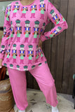 DLH15362 "Small people"printed long sleeve top &solid pink pants women pajamas sets