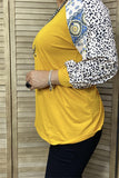 GJQ13086 Yellow mustard blouse raglan w/ 3/4  leopard printed sleeves (DS8)