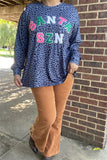 XCH15610 "SANTA SZN"letters patch&navy leopard printed long sleeve women tops