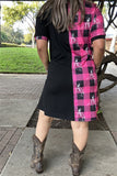 XCH14543 Half pink plaid & Cowboy horse rider black short sleeve women dress IS10