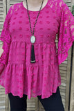Women's blouse Fuchsia dots & lace short sleeve baby doll women top BQ15351