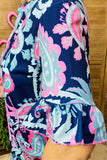 GJQ15885 Pink&mint paisley multi color printed short sleeve w/ruffle V-necklace navy women tops