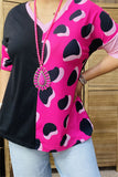 XCH14276 Half black&fuchsia/ pink leopard printed short sleeve drop shoulder women tops (ES1)