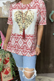 DLH12146  Leopard hearts&rust red Aztec printed short sleeve women tops