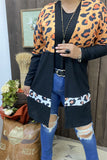 BQ15494 Leopard multi color printed long sleeve Solid  block black color women cardigan