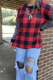 BQ15415 Red&black checked w/stripe printed long sleeve women tops with black solid cuff