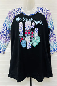 DLH10132 WE STICK TOGETHER cactus&leopard multi color printed 3/4 women's top IS8