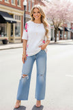 GJQ14220 Floral printed & white color block short sleeves women tops w/buttons (FS11)