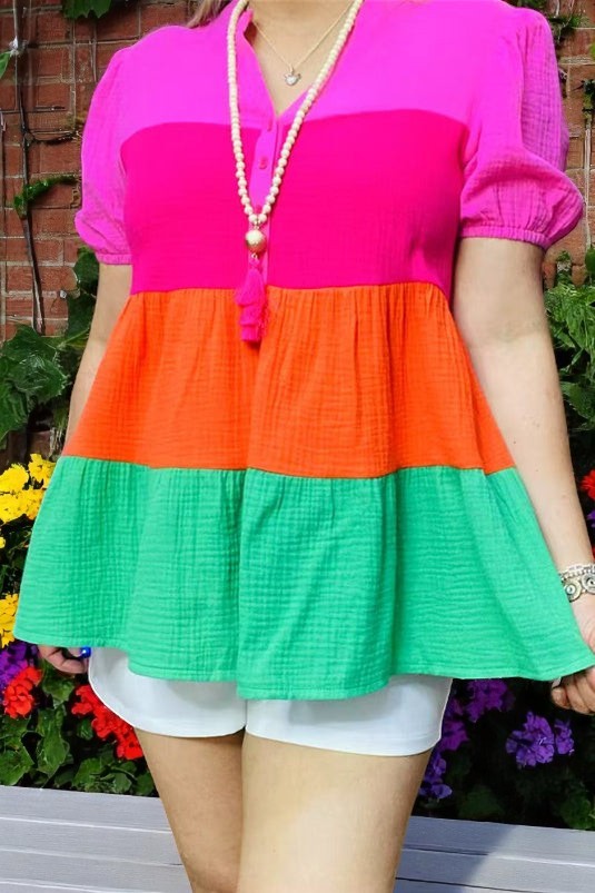 Women's clothing suppliers Pink/orange/fuchsia/green color block gauze soft women blouse GJQ15876