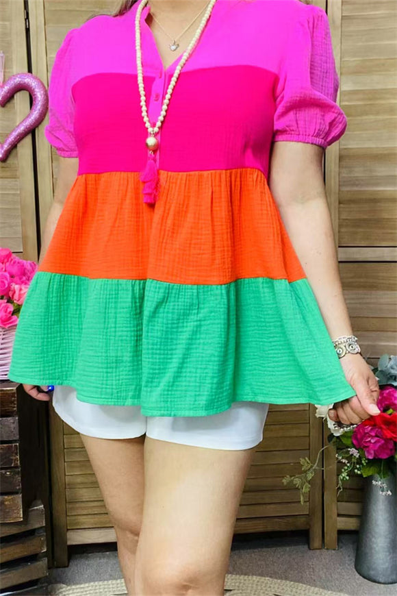 GJQ15876 Pink/orange/fuchsia/green color baby doll women top w/short sleeve &elastic band and buttons