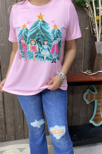 XCH15752 Dancing girls w/stars&trees multi color printed baby pink short sleeve women tops