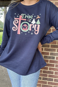 XCH15762 "True story"words printed Christmas holiday graphic long sleeve women black tops