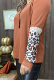 DLH15443 Brown women tops long sleeve/leopard printed&beige lace