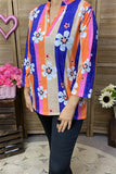 BQ15682 Navy/pink/orange stripe&sunflower multi color printed 3/4 sleeve women top w/V-neckline