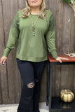 GJQ15536 Green solid color w/green lace tighten cuff long bottom sleeve side split front short/back more long women tops