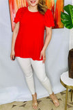 BQ16051 Ruffle/bell gathering short sleeve women red tops