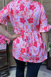 BQ14922 Fuchsia floral printed short sleeve w/ruffle baby doll women tops