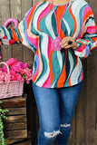 YMY15526 Teal/turquoise multi color printed wave shape long sleeve/elastic cuff women tops