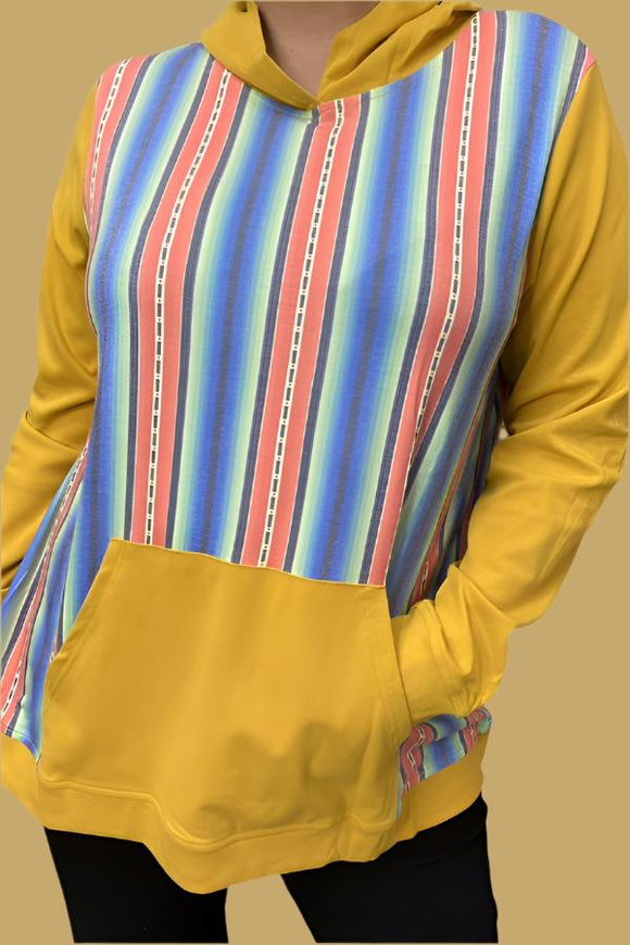 BQ8088 Mustard multi color striped printed w/hoodie long sleeve tops for women w/pocket(AS1)