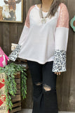 BQ13928 Leopard/ Coral sequin bell raglan long sleeve women light pink blouse  (DS2)