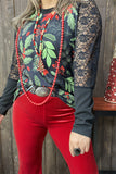 BQ15432 Body leaves&floral green/red color printed raglan long sleeve w/black lace women tops