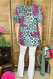 GJQ15598 Teal/fuchsia/black leopard printed short sleeve women tops w/v-neckline