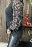 XCH15149-1 Sequin long sleeve w/tighten cuff black women tops