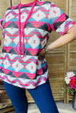 XCH15689 Teal/fuchsia Aztec multi color printed short sleeve women tighten top