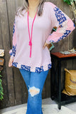 GJQ15675  Long sleeve w/chiffon fabric&blue/pink multi color printed women pink blouse