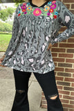 XCH14775 Camo/Leopard printed multi color w/embroidery design black neckline long sleeve loose women tops