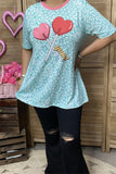 XCH14650 Mint leopard & red hearts printed short sleeve women top