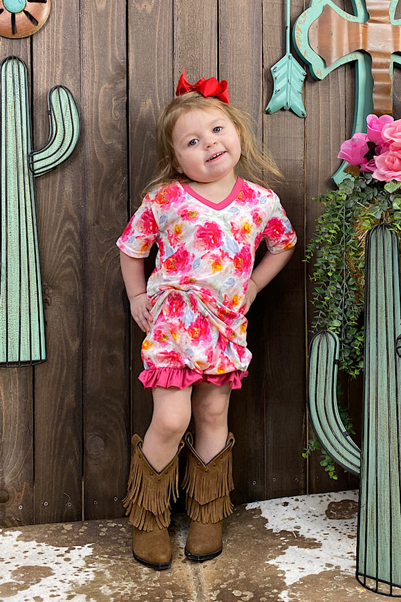 DLH0913-12 Pink floral short girl set with ruffles