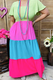 BQ14640-1 Green/pink/blue/fuchsia women long dress w/elastic upper short sleeve/ruffle w/side pockets