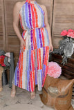 GJQ13495 Multi color striped printed sleeveless maxi dress w/side pockets&waist straps