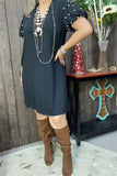 BQ15589 Black  bubble short sleeve w/pearl women dress w/side pockets