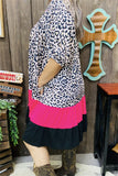 GJQ15746 Leopard printed fuchsia/black solid color short sleeve women dress w/side pockets