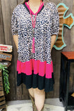 GJQ15746 Leopard printed fuchsia/black solid color short sleeve women dress w/side pockets