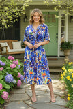 Clearance--Blue patterns ruffle trim & elastic waist short sleeve women dress w/v-neck GJQ16907