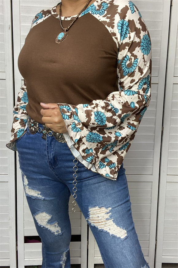 GJQ13708 Turquoise&brown printed bell/ruffle long sleeve brown body raglan women tops (FS3)