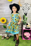 Turquoise leopard & sunflower girl dress w/pockets XCH0888-15H (A1S2)