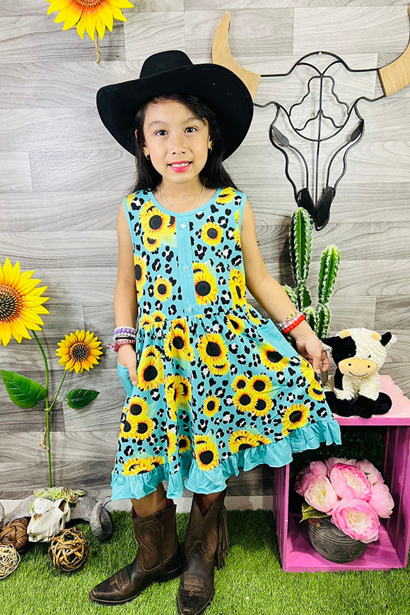 Turquoise leopard & sunflower girl dress w/pockets XCH0888-15H (A1S2)