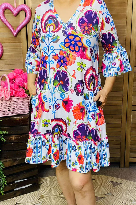 GJQ15875 Paisley&floral multi color printed 3/4 sleeve w/ruffle women dress w/side pockets