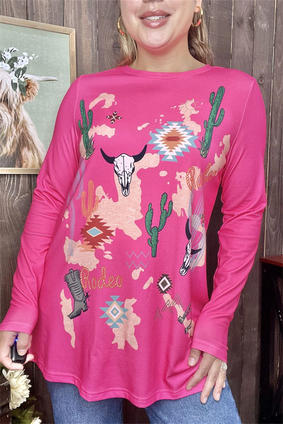 XCH14126 Cactus&bull Western printed fuchsia long sleeves women tops wholesale( IS17 )