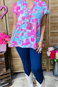 GJQ15993 Fuchsia/white floral printed short sleeve w/ruffle V-neckline women blue tops