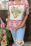 DLH12146  Leopard hearts&rust red Aztec printed short sleeve women tops