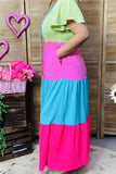 BQ14640-1 Green/pink/blue/fuchsia women long dress w/elastic upper short sleeve/ruffle w/side pockets