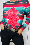 XCH14175 Colorful striped w/red center tree printed long tighten sleeve women tops HS3