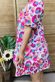 XCH15818 Teal&fuchsia multi color leopard printed short sleeve women loose dress